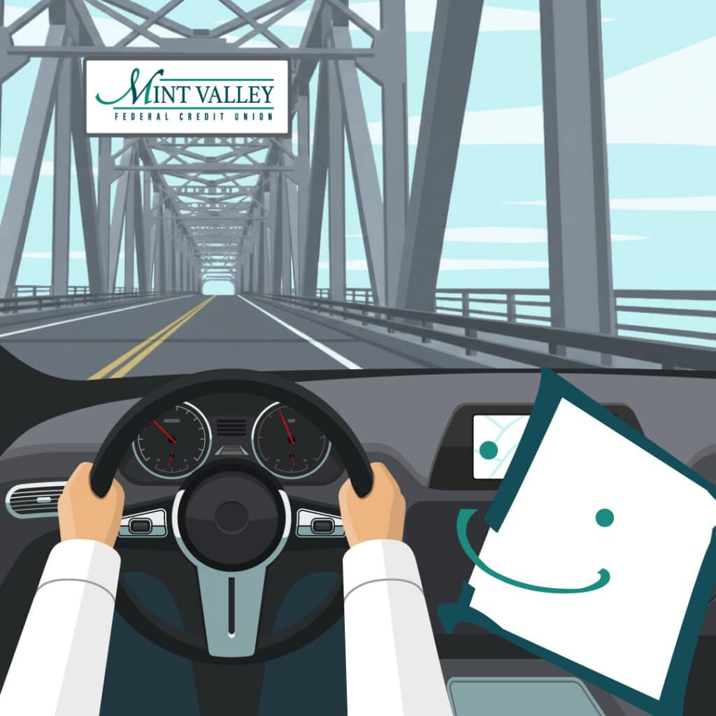 Illustration of a person driving on a bridge, hands on the steering wheel. A logo reads "Mint Valley Federal Credit Union." Calm, focused tone.
