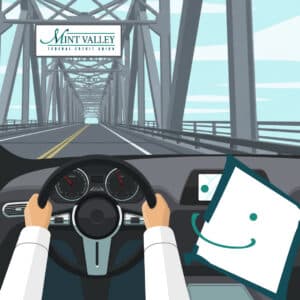 Illustration of a person driving on a bridge, hands on the steering wheel. A logo reads "Mint Valley Federal Credit Union." Calm, focused tone.