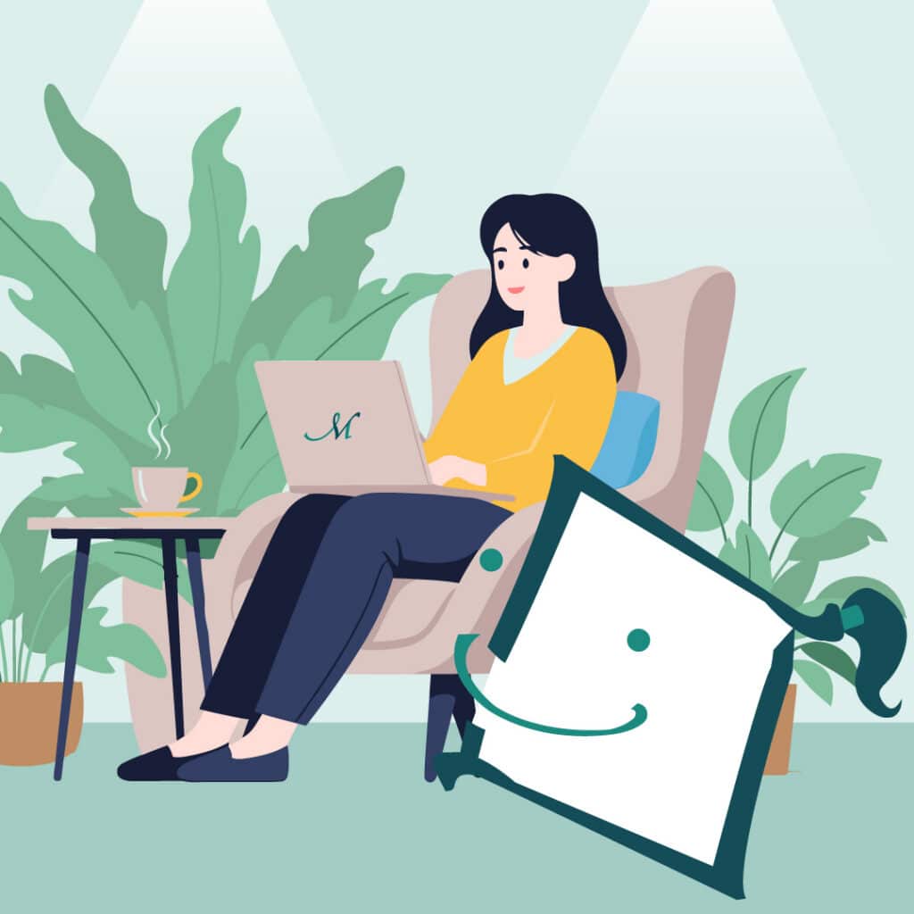 Illustration of a woman in a yellow sweater working on a laptop in a cozy chair. She's surrounded by green plants, with a steaming cup nearby. A smiling square mascot adds a playful touch.
