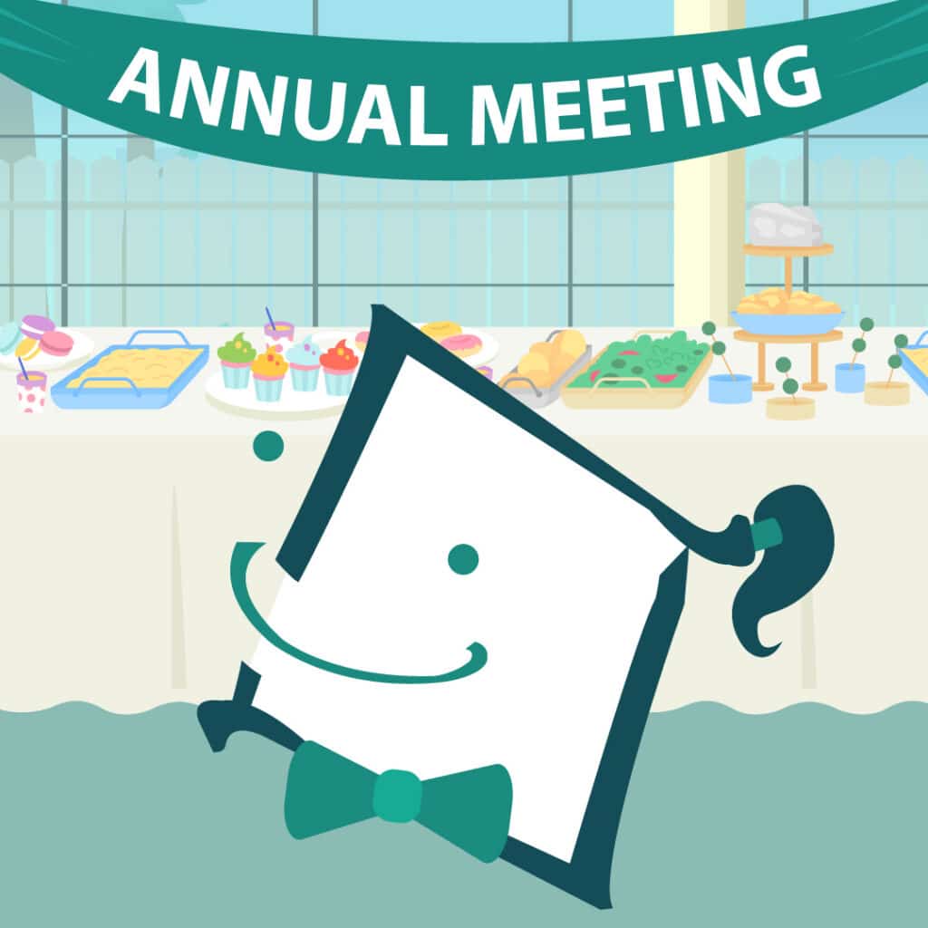 Cute character with ponytail and bowtie smiling before a buffet table, beneath "Annual Meeting" banner. Festive and welcoming atmosphere.