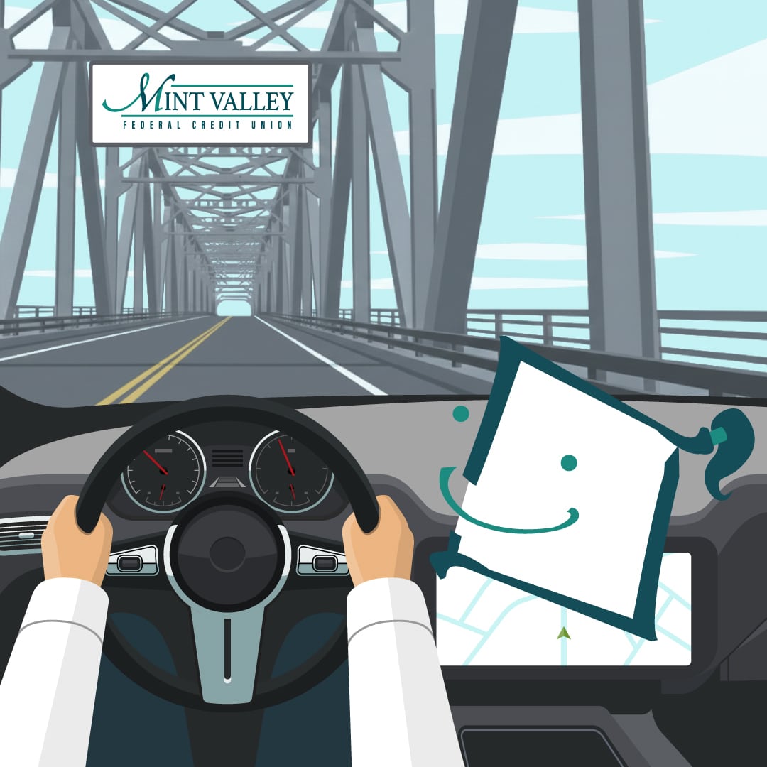 Illustration of a person driving on a bridge, hands on the steering wheel. A logo reads "Mint Valley Federal Credit Union." Calm, focused tone.