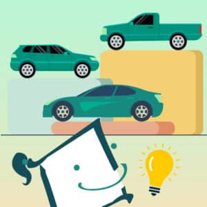 Illustration of three teal vehicles—a sedan, SUV, and truck—stacked on blocks. A smiling paper character and a glowing light bulb suggest ideas or creativity.