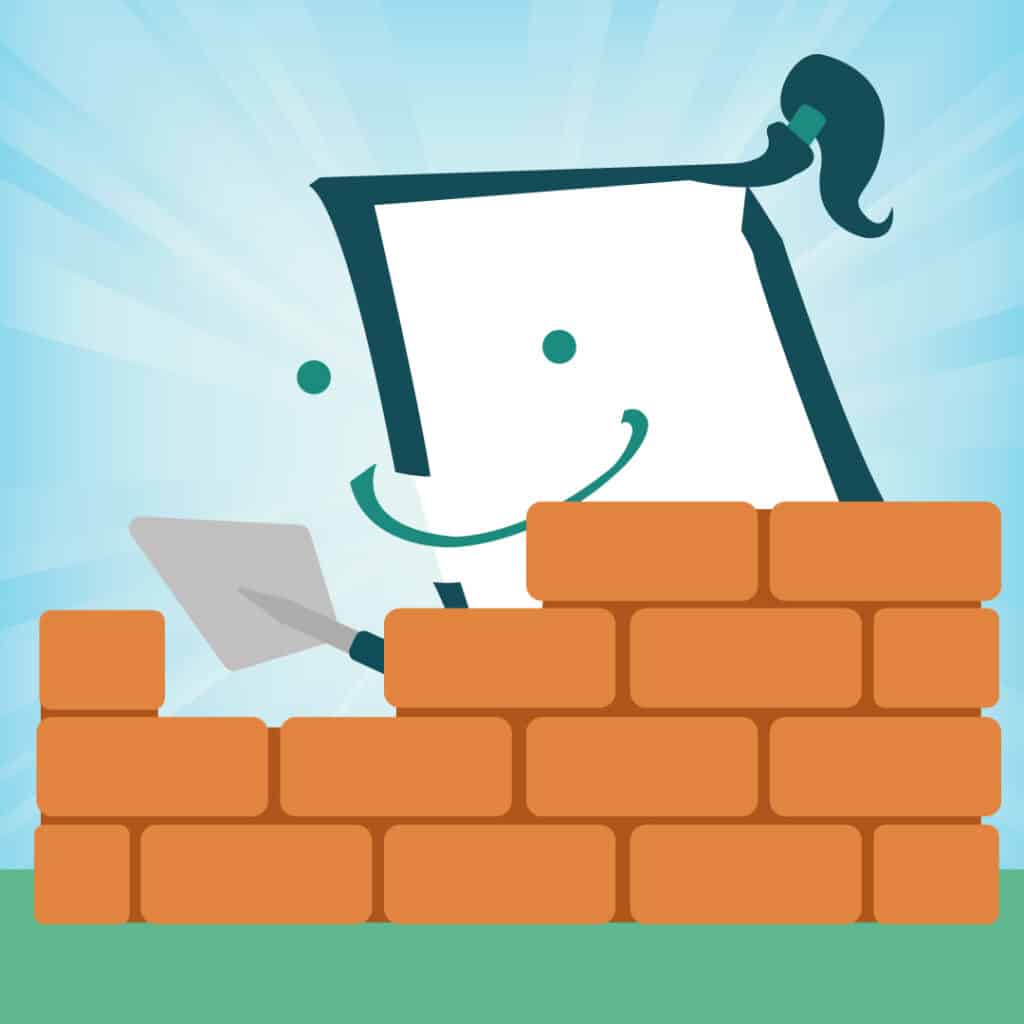 A smiling cartoon figure with a ponytail holds a trowel and builds a brick wall. The background shows a blue sky with sun rays, conveying a cheerful and constructive atmosphere.
