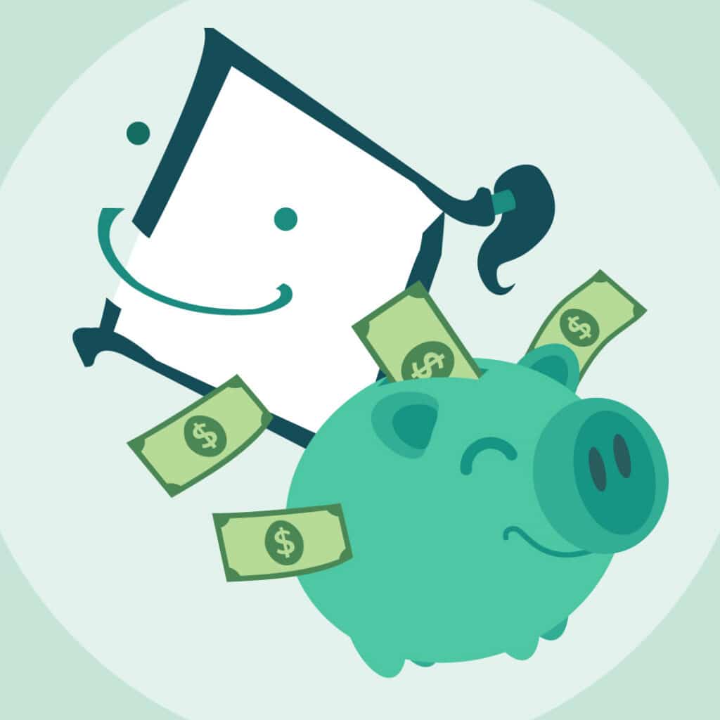 An illustration of a smiling piggy bank surrounded by floating dollar bills, alongside a happy geometric figure with a ponytail. The tone is playful and cheerful.