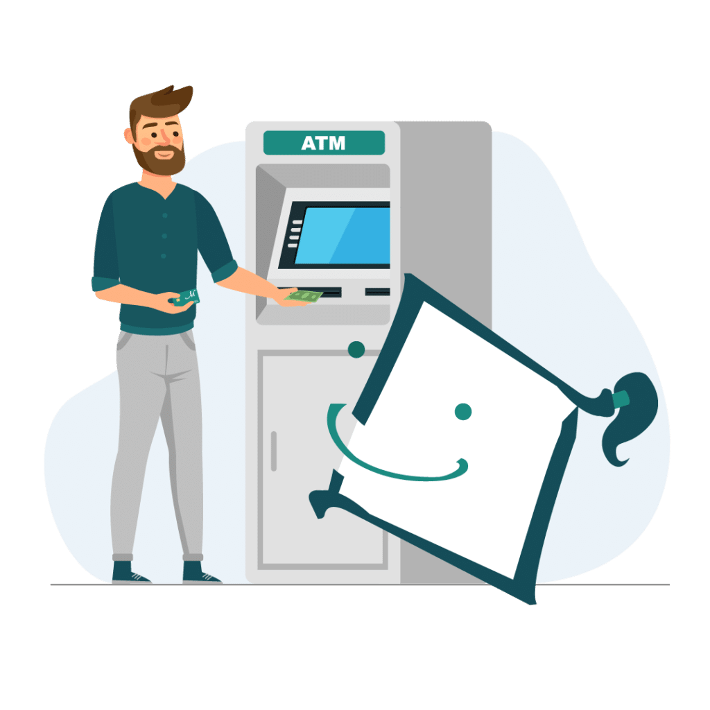 Illustration of a man with a beard smiling while using an ATM. A large, cheerful, smiling wallet character is beside him, symbolizing financial ease.