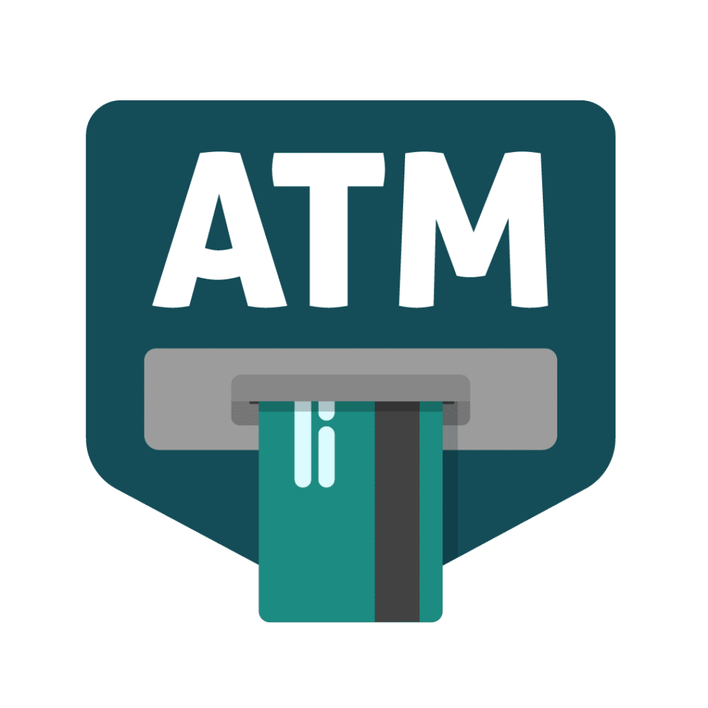 Illustration of an ATM machine with a teal card partially inserted. Bold white letters "ATM" above the card. Background is black, conveying a straightforward and modern look.