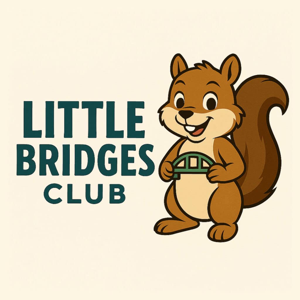 Friendly cartoon squirrel holding a small green bridge, next to bold text reading "Little Bridges Club." Lighthearted and cheerful design.