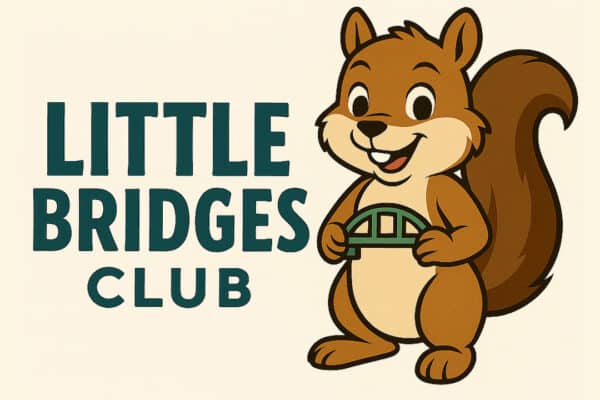 Friendly cartoon squirrel holding a small green bridge, next to bold text reading "Little Bridges Club." Lighthearted and cheerful design.