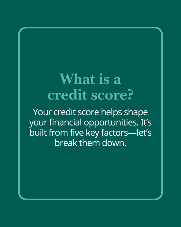 Text on a teal background reads, "What is a credit score? Your credit score helps shape your financial opportunities. It’s built from five key factors."