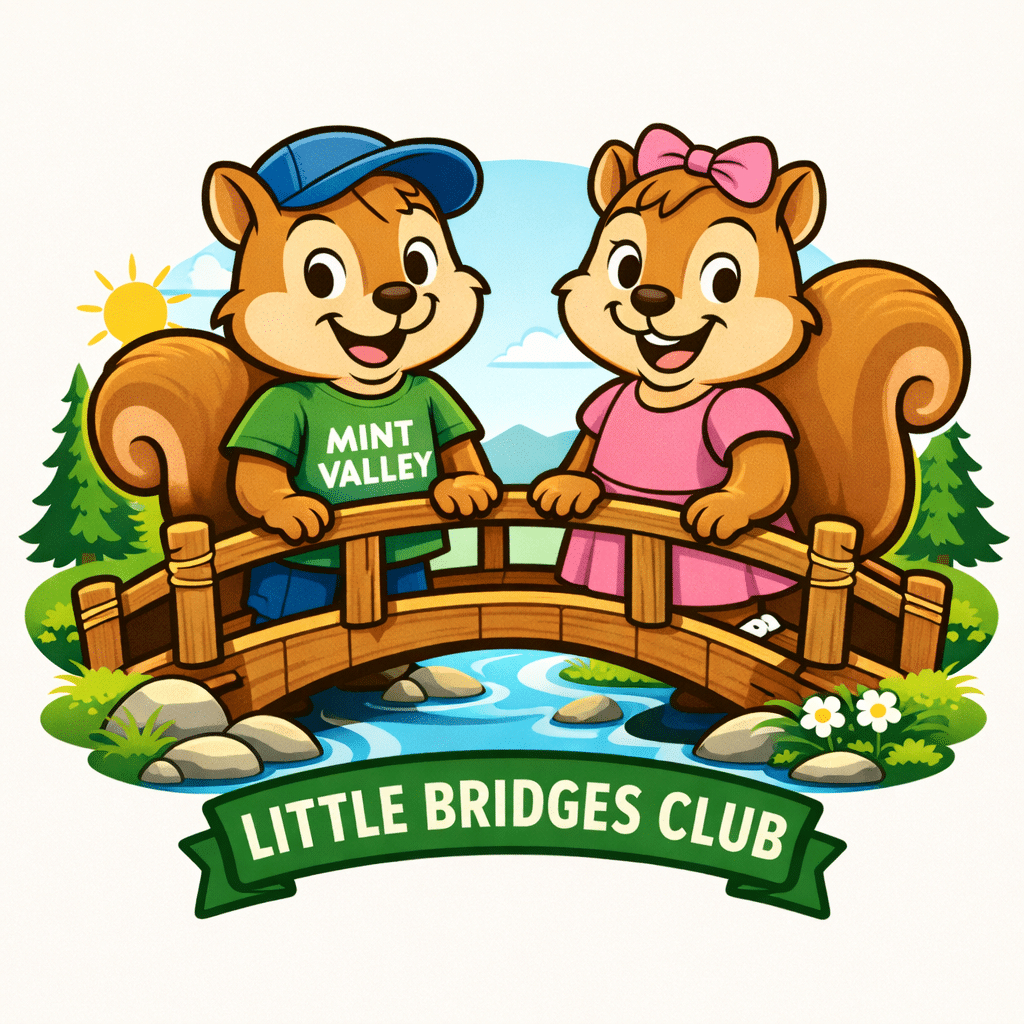 Cartoon squirrels on a wooden bridge, one wearing a green "Mint Valley" shirt, the other in a pink dress, with a sunny landscape. Text: "Little Bridges Club."
