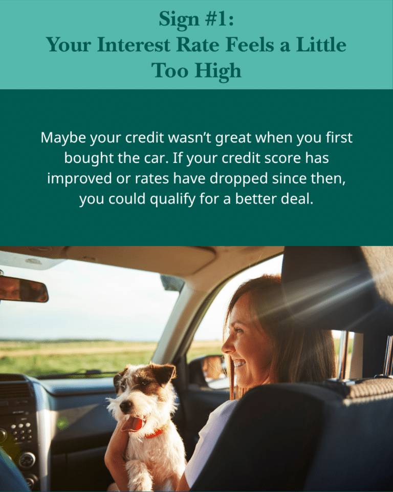 Woman smiling while holding a small dog inside a car, conveying warmth and happiness. Text above discusses high interest rates and potential refinancing.