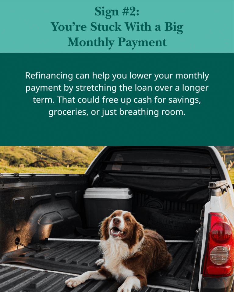Sign about refinancing options to lower monthly payments, with a playful dog in the back of a pickup truck. The scene conveys relief and freedom.