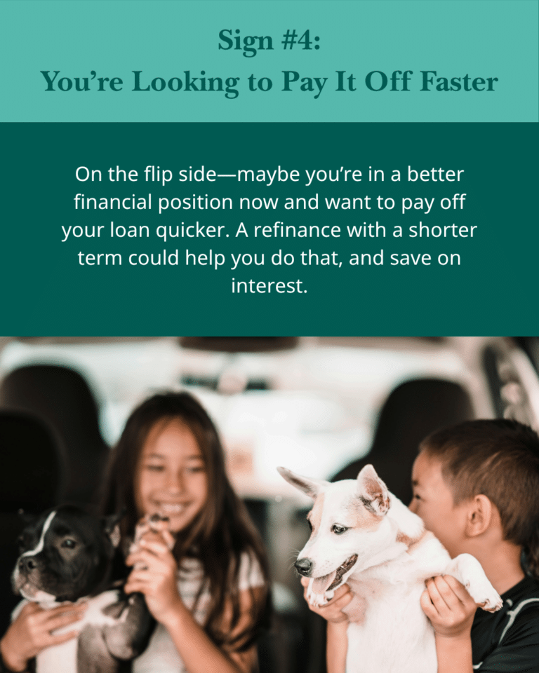 Sign #4 about paying off loans faster appears above a happy scene of two children in a car holding dogs. The mood is joyful and hopeful.