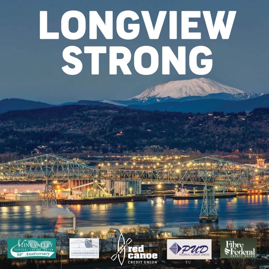 Night view of a lit steel bridge over a river, with a mountain backdrop under a twilight sky. "LONGVIEW STRONG" text is prominent above. Logos of local businesses are at the bottom.